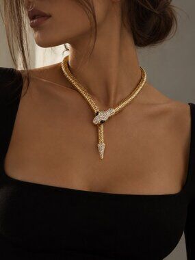 Gold Snake Necklace Rhinestone Serpent Collar Statement Jewelry